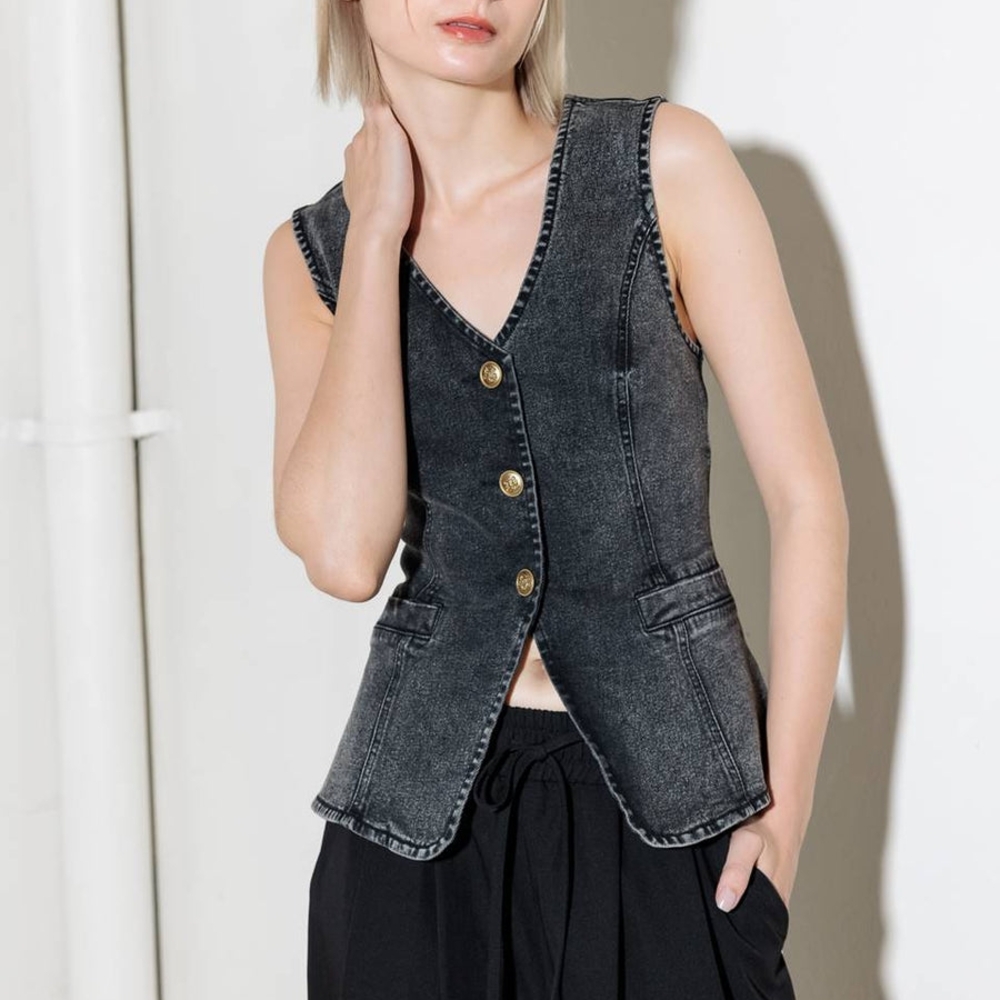 Black Denim Buttoned Vest